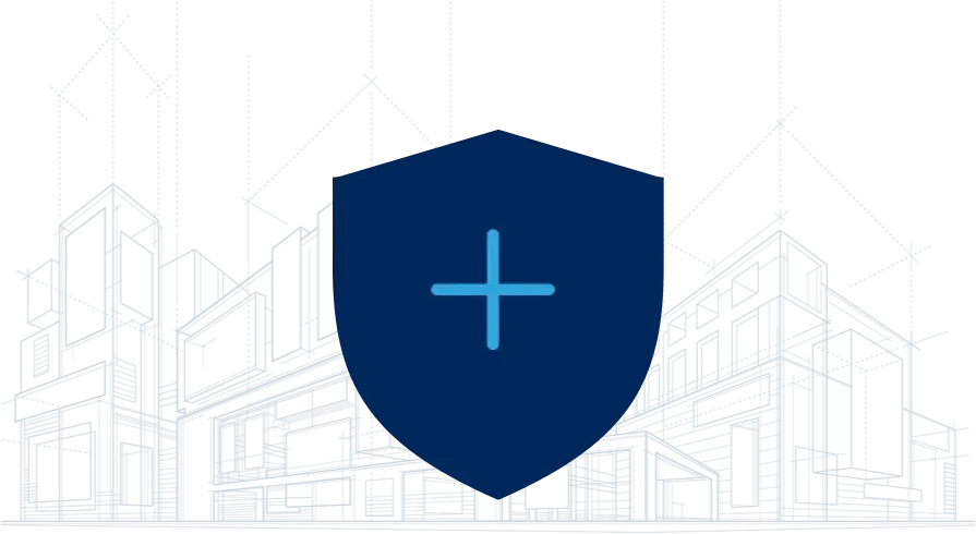 Safety shield graphic over a building blueprint – Imperial Glazing Concepts safety-first commitment